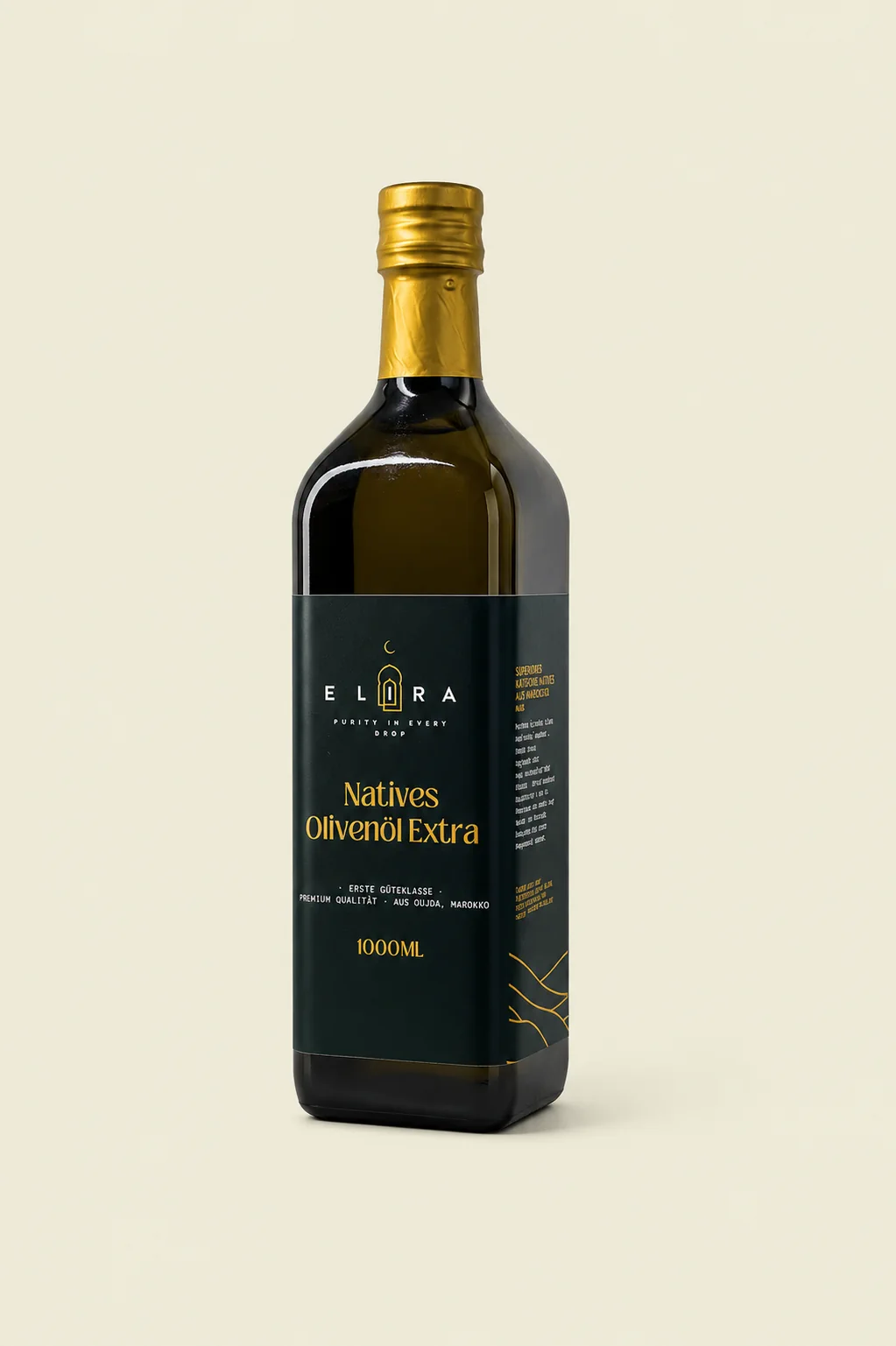 1-Liter-Flasche Elira Natives Olivenöl Extra mit hochwertigem Etikett und lichtgeschützter Verpackung