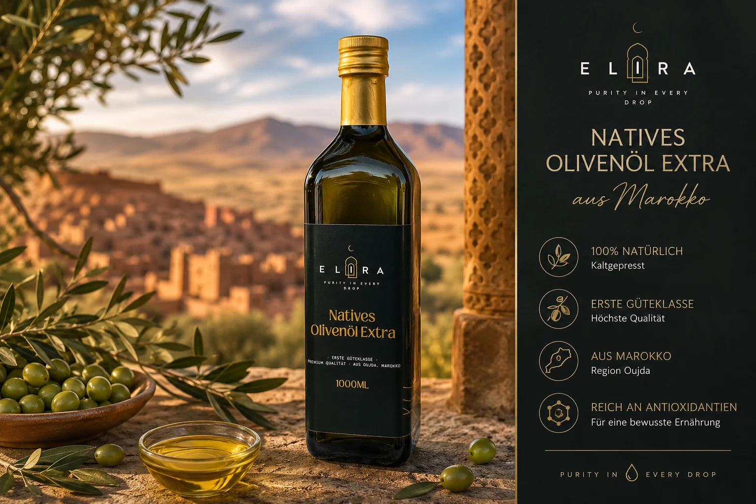 Elira Natives Olivenöl Extra in der 1-Liter-Flasche – hochwertiges kaltgepresstes Olivenöl für Küche und mediterrane Gerichte