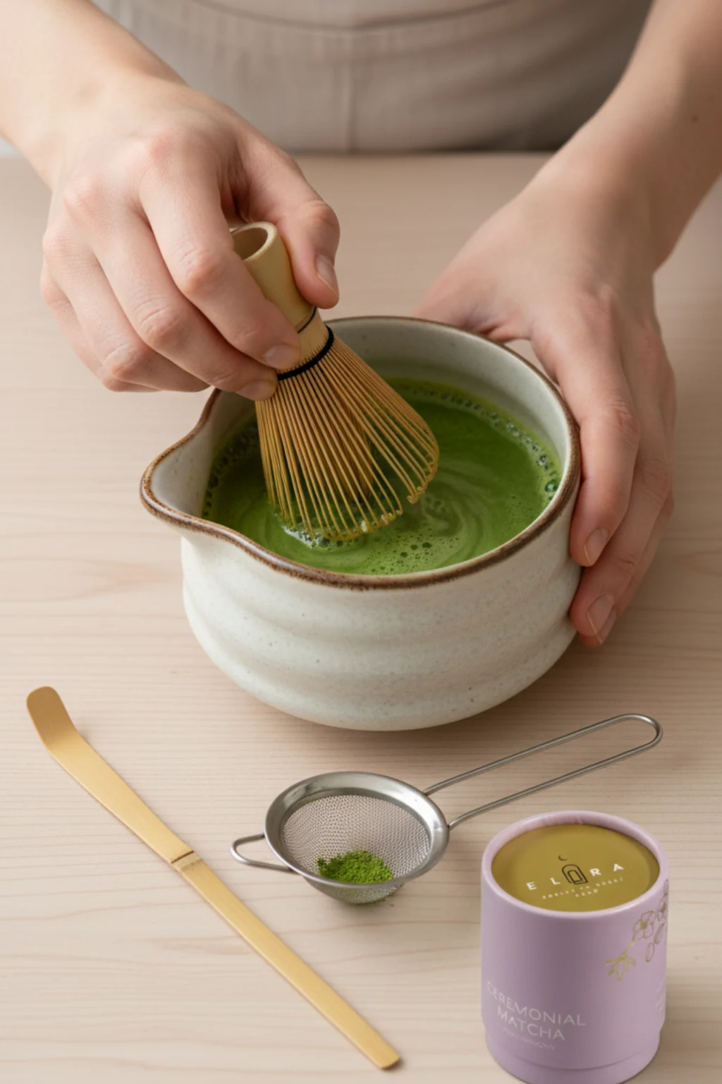 Hand rührt Matcha mit Bambusbesen in einer Keramikschale auf