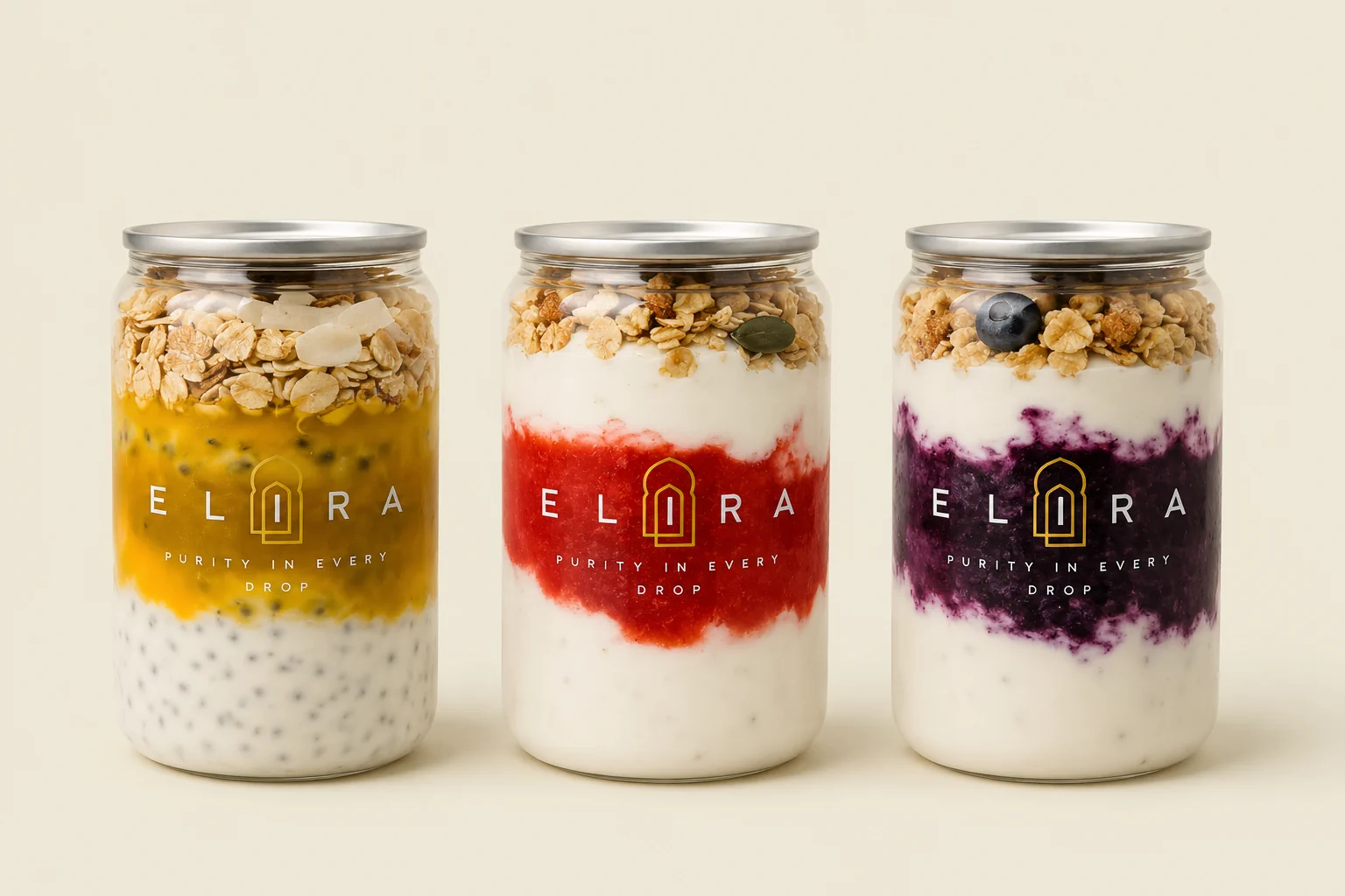 Vegane Joghurt-Kreationen mit hausgemachtem Fruchtpüree und Granola für Events